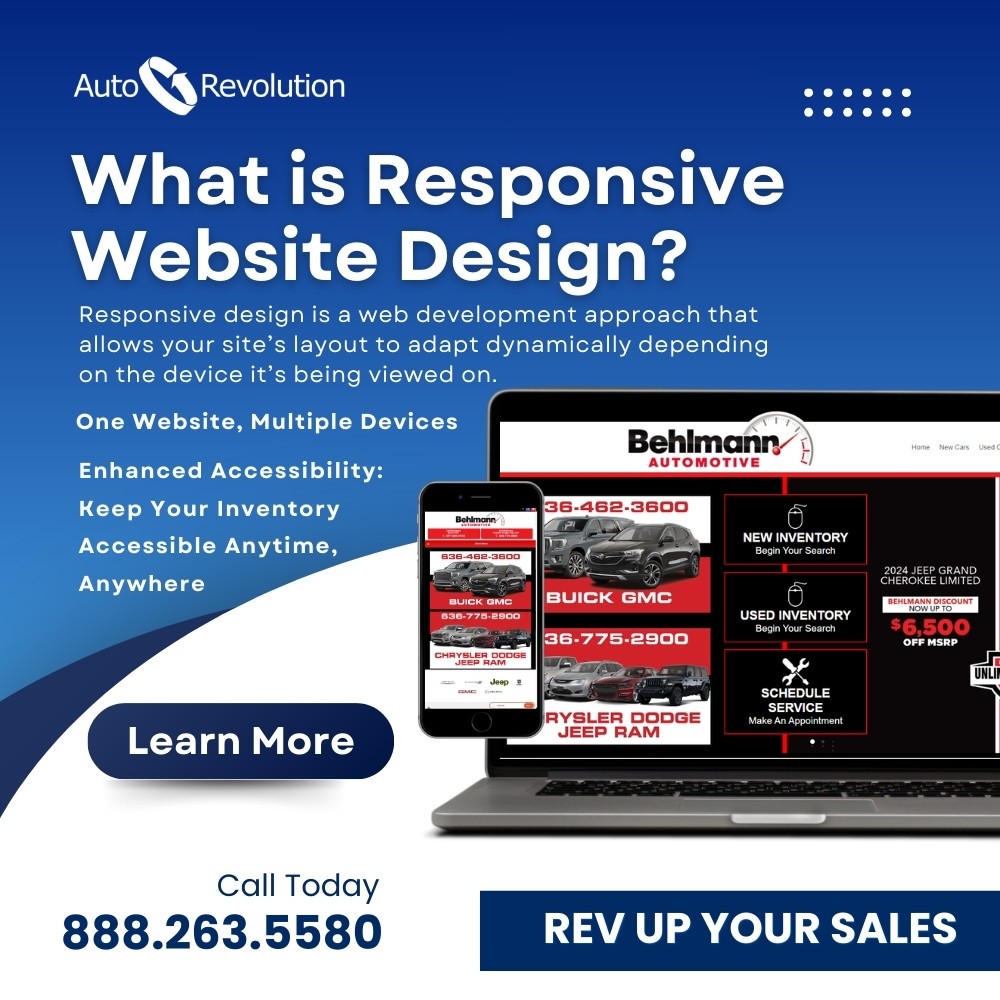 Image showing a sleek car dealership website displayed seamlessly on various devices including a desktop, tablet, and smartphone, emphasizing the importance of responsive design for optimal user experience across all platforms.