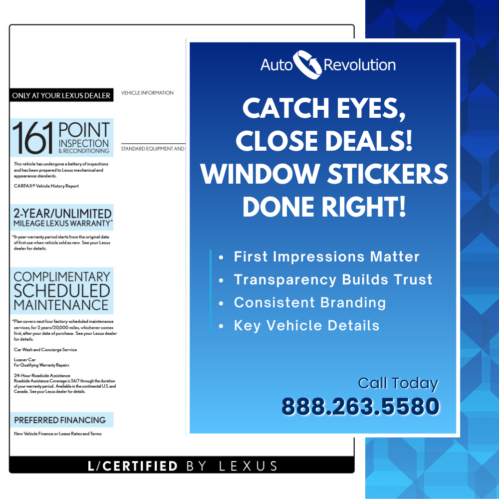 Engaging and professional window stickers for car dealerships.